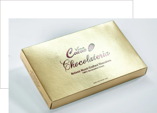 Elegant gold box of Casa Chocolateria chocolates.